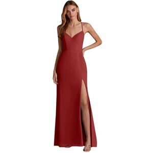 Azazie Manila Bridesmaid Dress Size 6 Rust V-Neck Chiffon Maxi Long Side Slit